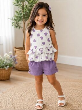 Girls White & Lavender Heart Ruffle Tank Top by